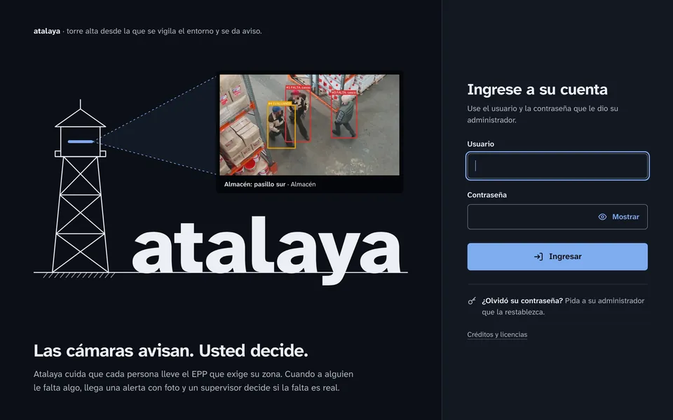 Atalaya sign-in page with a camera view detecting workers