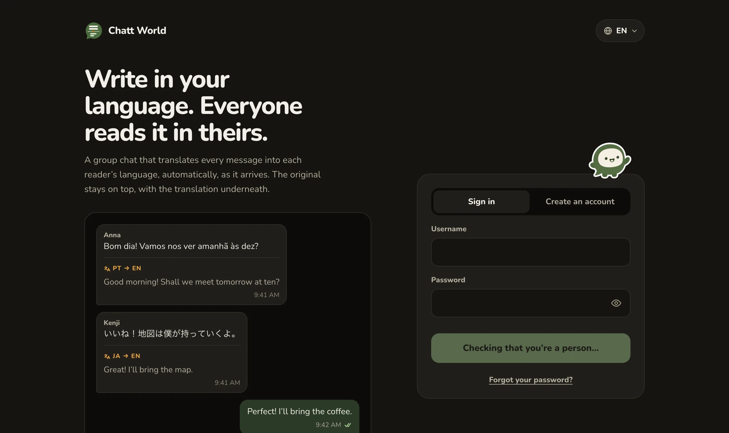 Chatt World landing page with a sample conversation in Portuguese and Japanese, translated into English for the reader