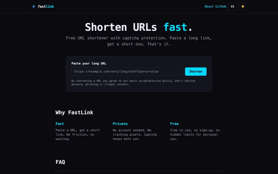 FastLink home page with the URL shortener form