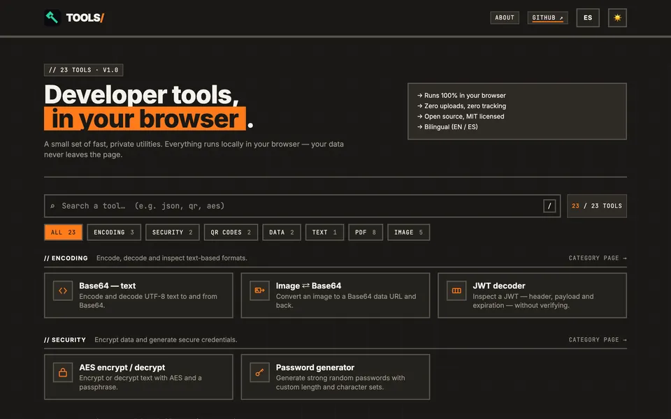 DevTools home page with the list of browser tools