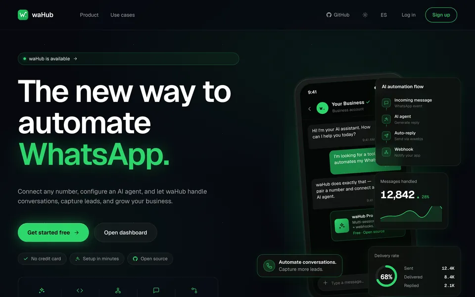 waHub home page with an automation flow preview